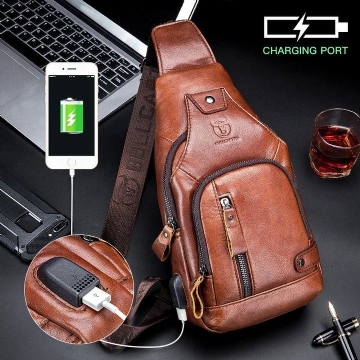 Echtes Leder Für Herren Mit Usb Aufladung Große Kapazität Business Casual Brusttasche Schulter Crossbody Tasche