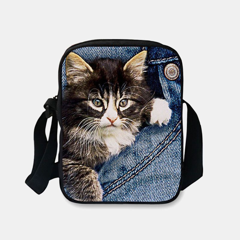 Damen Denim 3d Dreidimensionale Tier Kreative Cartoon Netter Druck Katze Lässige Handytasche Gürteltasche Umhängetasche