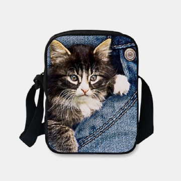 Damen Denim 3d Dreidimensionale Tier Kreative Cartoon Netter Druck Katze Lässige Handytasche Gürteltasche Umhängetasche