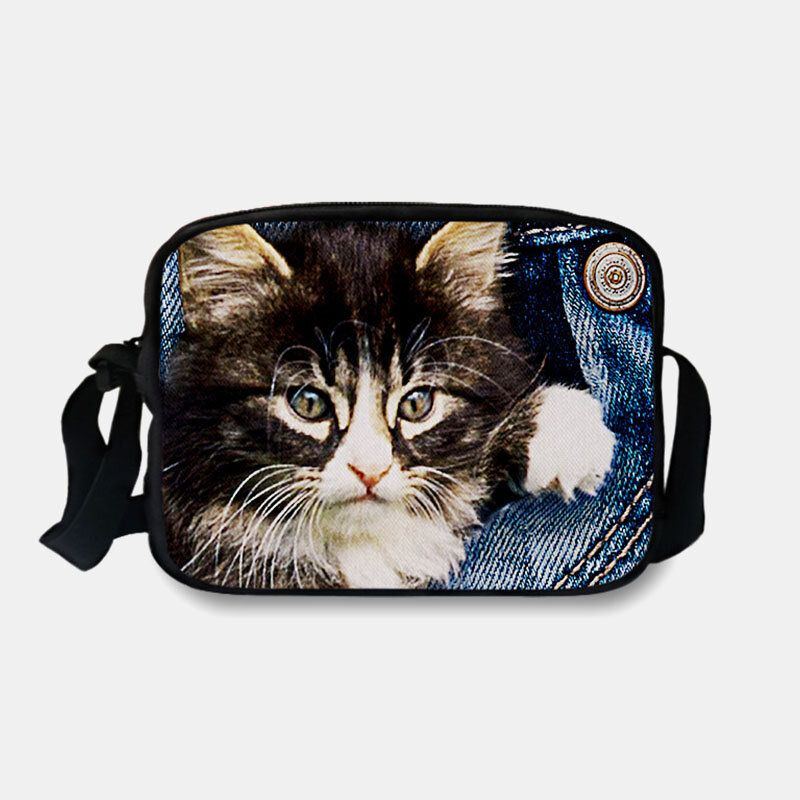 Damen Denim 3d Dreidimensionale Tier Kreative Cartoon Netter Druck Katze Lässige Handytasche Gürteltasche Umhängetasche