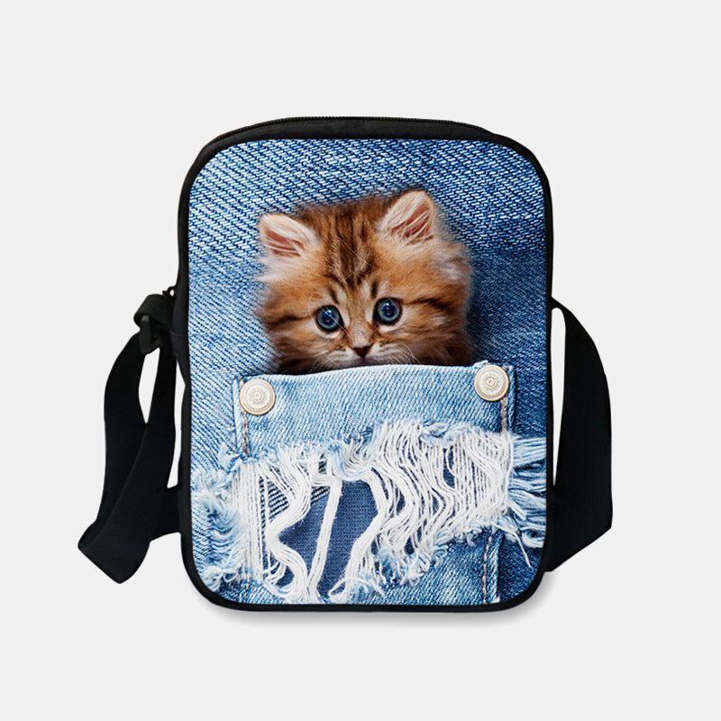 Damen Denim 3d Dreidimensionale Tier Kreative Cartoon Netter Druck Katze Lässige Handytasche Gürteltasche Umhängetasche