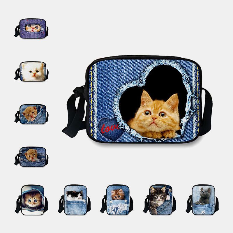 Damen Denim 3d Dreidimensionale Tier Kreative Cartoon Netter Druck Katze Lässige Handytasche Gürteltasche Umhängetasche