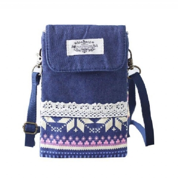 Damen Denim Drei Zwischenschichten Blumendruck Mini Umhängetaschen Spitze Umhängetaschen 6.0 Zoll Handytasche