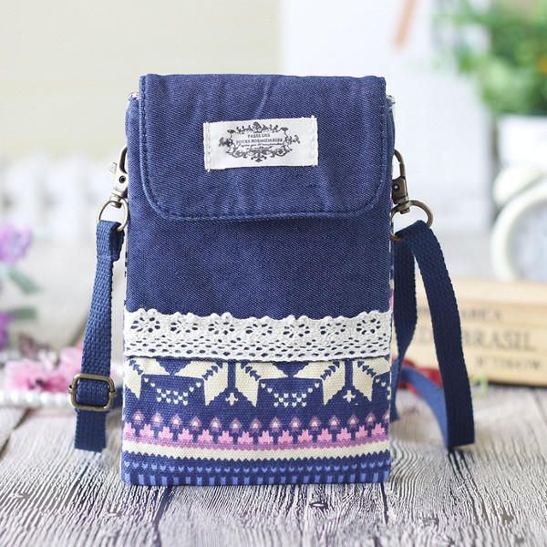 Damen Denim Drei Zwischenschichten Blumendruck Mini Umhängetaschen Spitze Umhängetaschen 6.0 Zoll Handytasche