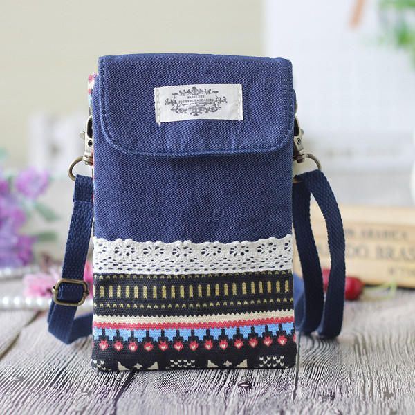 Damen Denim Drei Zwischenschichten Blumendruck Mini Umhängetaschen Spitze Umhängetaschen 6.0 Zoll Handytasche