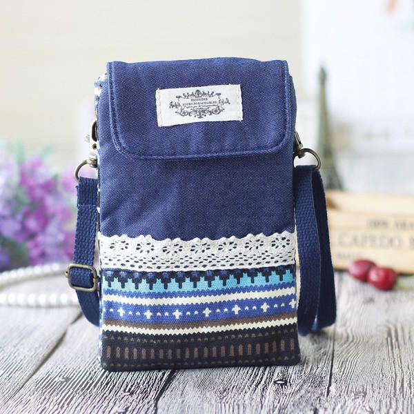 Damen Denim Drei Zwischenschichten Blumendruck Mini Umhängetaschen Spitze Umhängetaschen 6.0 Zoll Handytasche