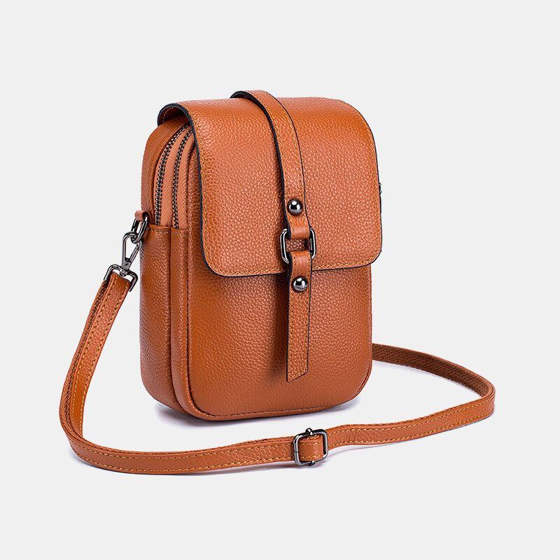 Damen Echtes Leder Casual Retro Mehrschichtige Kopfhörer Loch 6.5 Zoll Handytasche Umhängetasche