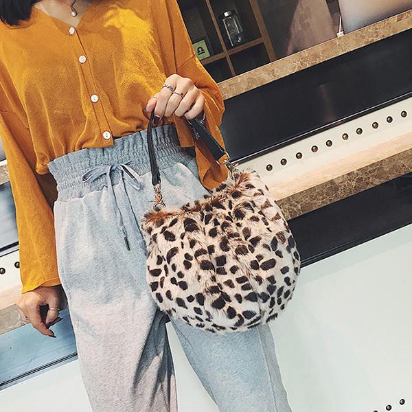 Damen Leopard Plüsch Beutel Baumwolleimer Handtasche