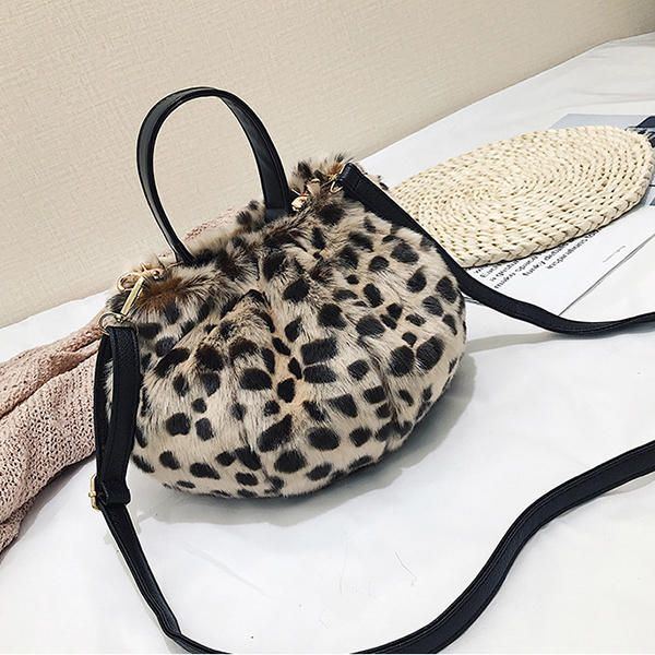 Damen Leopard Plüsch Beutel Baumwolleimer Handtasche