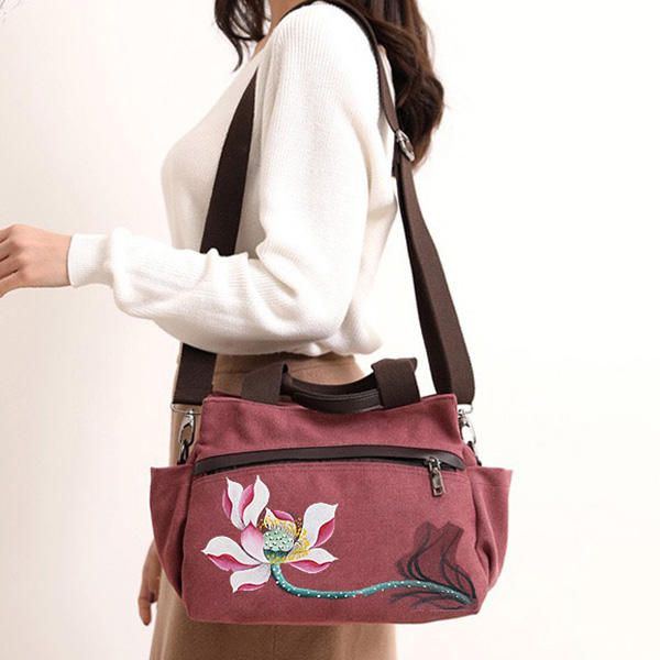 Damen Lotus Canvas Handtasche Chinesische Umhängetasche