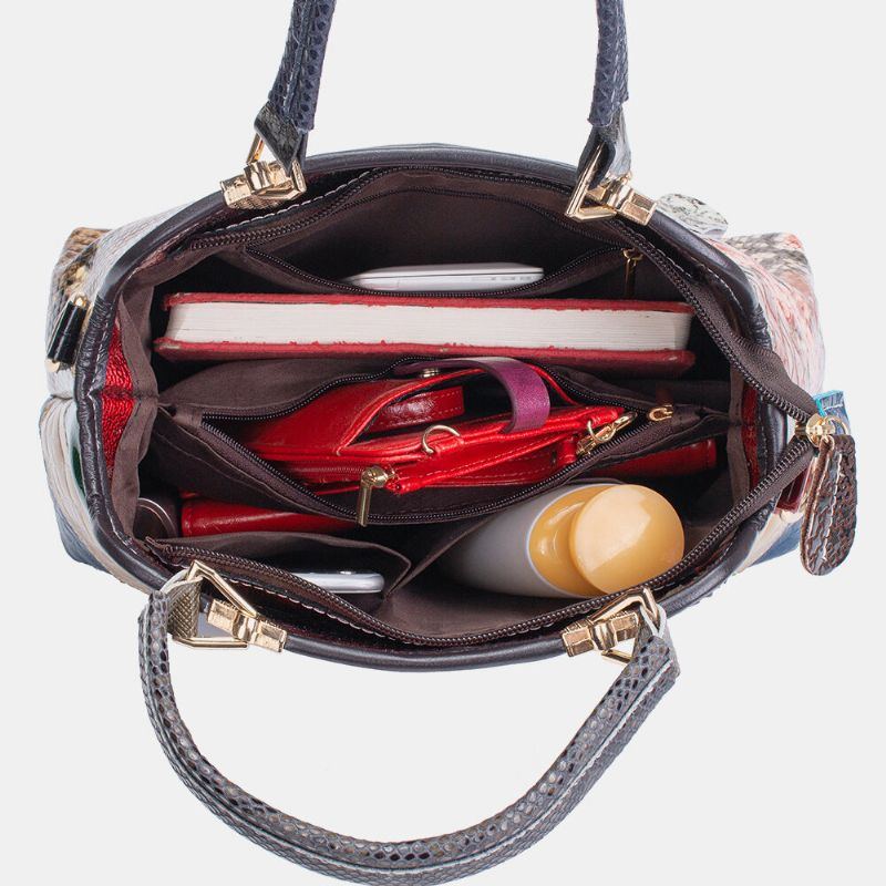 Damen Oil Wax Echtes Leder Patchwork Handtasche Umhängetasche Umhängetasche