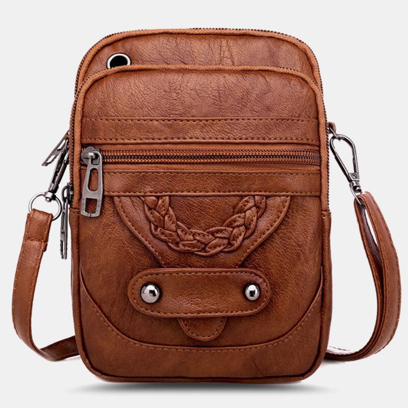 Damen Pu Leder Niet Kopfhörer Loch Retro 6.3 Zoll Handytasche Crossbody Taschen Umhängetasche