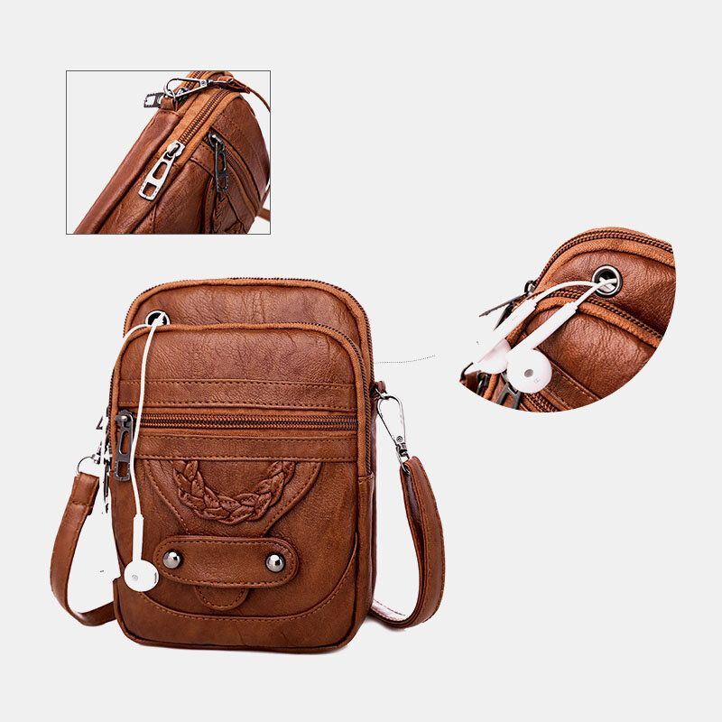 Damen Pu Leder Niet Kopfhörer Loch Retro 6.3 Zoll Handytasche Crossbody Taschen Umhängetasche