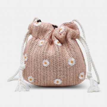 Damen Stroh Gänseblümchen Sonnenblume Muster Drucken Casual String Lace Bag Strandtasche Bucket Bag Umhängetasche Handtasche