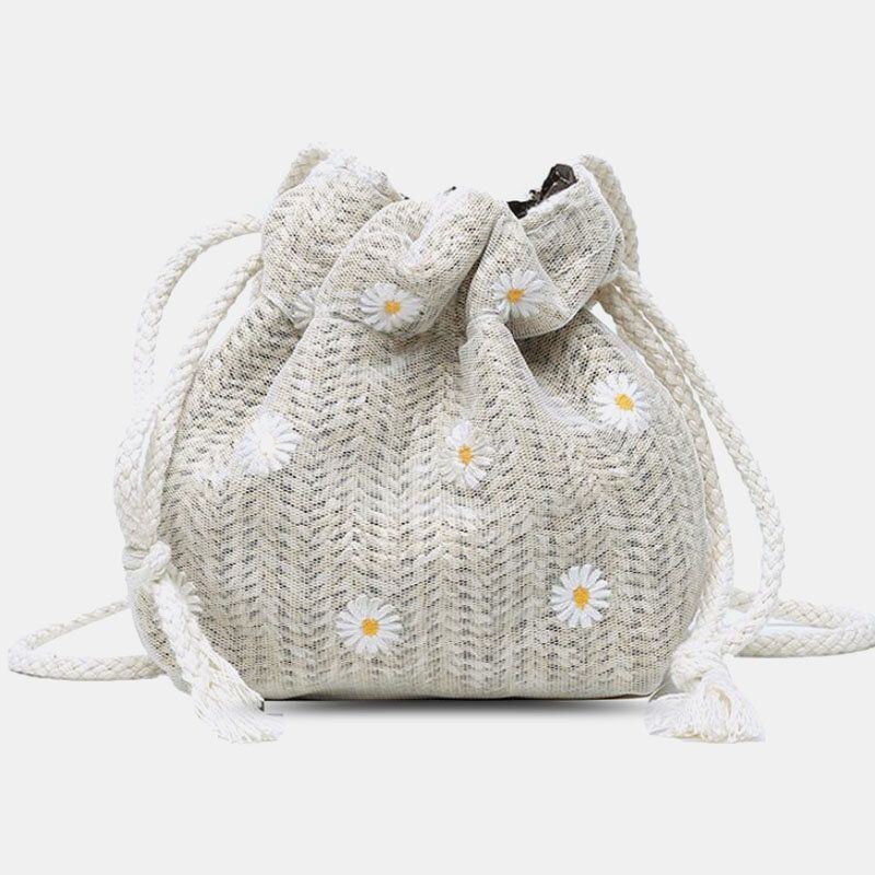 Damen Stroh Gänseblümchen Sonnenblume Muster Drucken Casual String Lace Bag Strandtasche Bucket Bag Umhängetasche Handtasche