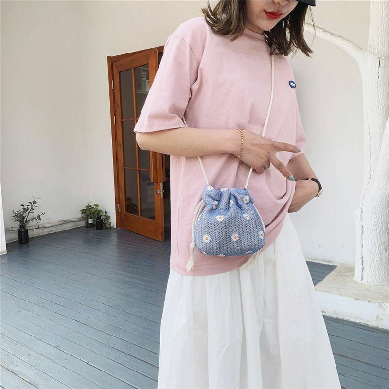 Damen Stroh Gänseblümchen Sonnenblume Muster Drucken Casual String Lace Bag Strandtasche Bucket Bag Umhängetasche Handtasche