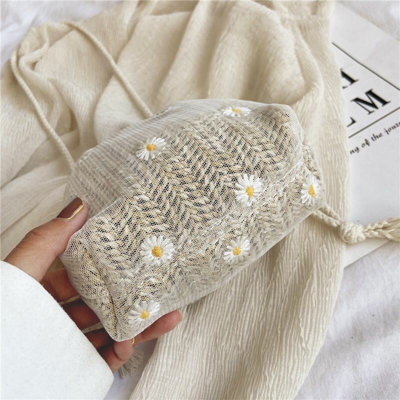 Damen Stroh Gänseblümchen Sonnenblume Muster Drucken Casual String Lace Bag Strandtasche Bucket Bag Umhängetasche Handtasche