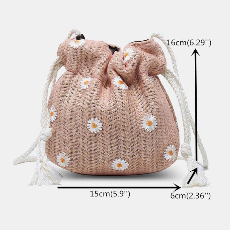 Damen Stroh Gänseblümchen Sonnenblume Muster Drucken Casual String Lace Bag Strandtasche Bucket Bag Umhängetasche Handtasche