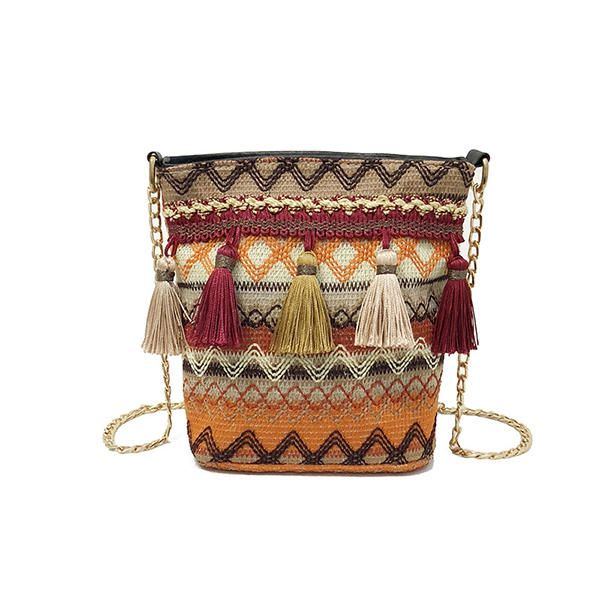 Damen Weaving Tassel National Umhängetasche Chic Bucket Bag