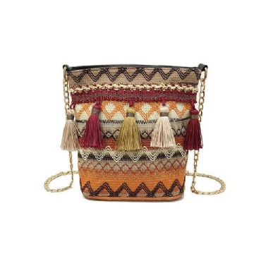 Damen Weaving Tassel National Umhängetasche Chic Bucket Bag