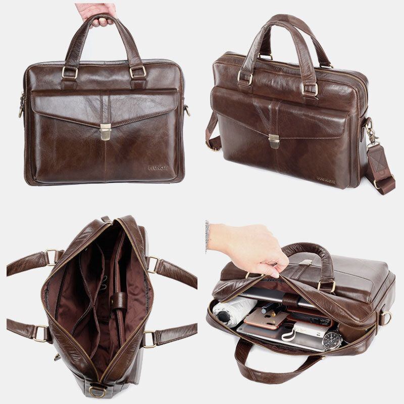 Herren Echtes Leder Multifunktions Retro Einfarbig Große Kapazität Handtasche Umhängetasche Umhängetasche