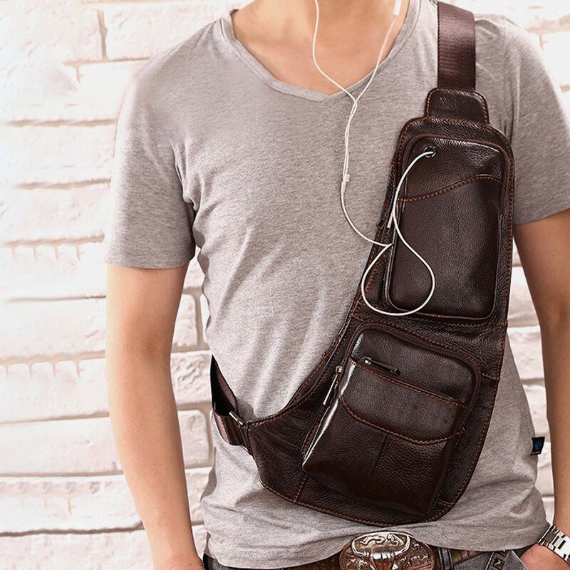 Herren Umhängetasche Aus Echtem Leder Mit Kopfhöreranschluss Umhängetasche Brusttasche Sling Bag