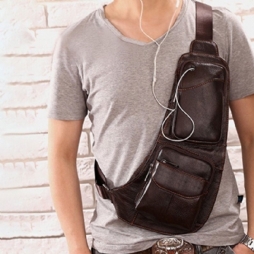 Herren Umhängetasche Aus Echtem Leder Mit Kopfhöreranschluss Umhängetasche Brusttasche Sling Bag