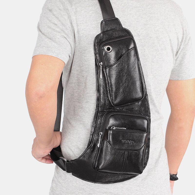 Herren Umhängetasche Aus Echtem Leder Mit Kopfhöreranschluss Umhängetasche Brusttasche Sling Bag