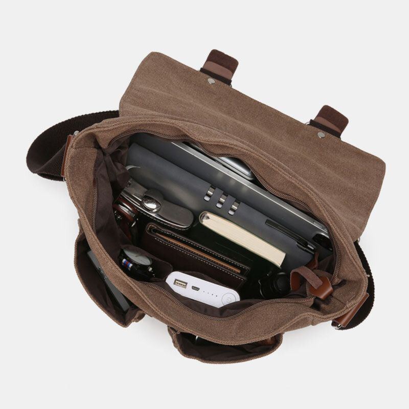 Herren Umhängetasche Mit Doppelter Vordertasche Großer Kapazität Retro Segeltuch Horizontal Einfarbig Anti Diebstahl Schultertasche