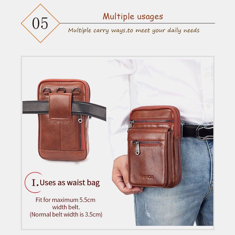 Herren Echtes Leder Rindsleder Multi Carry Retro 7.2 Zoll Telefon Umhängetasche Hängende Gürteltasche Gürteltasche