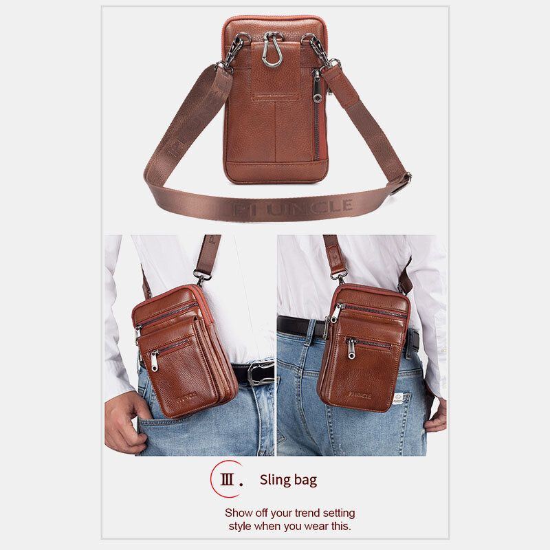 Herren Echtes Leder Rindsleder Multi Carry Retro 7.2 Zoll Telefon Umhängetasche Hängende Gürteltasche Gürteltasche