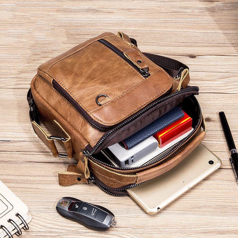 Herren Multi Pocket Echtleder Crossbody Taschen Zurück Anti Diebstahl Taschen Design Verschleißfeste Umhängetasche Mit Großer Kapazität Handtasche