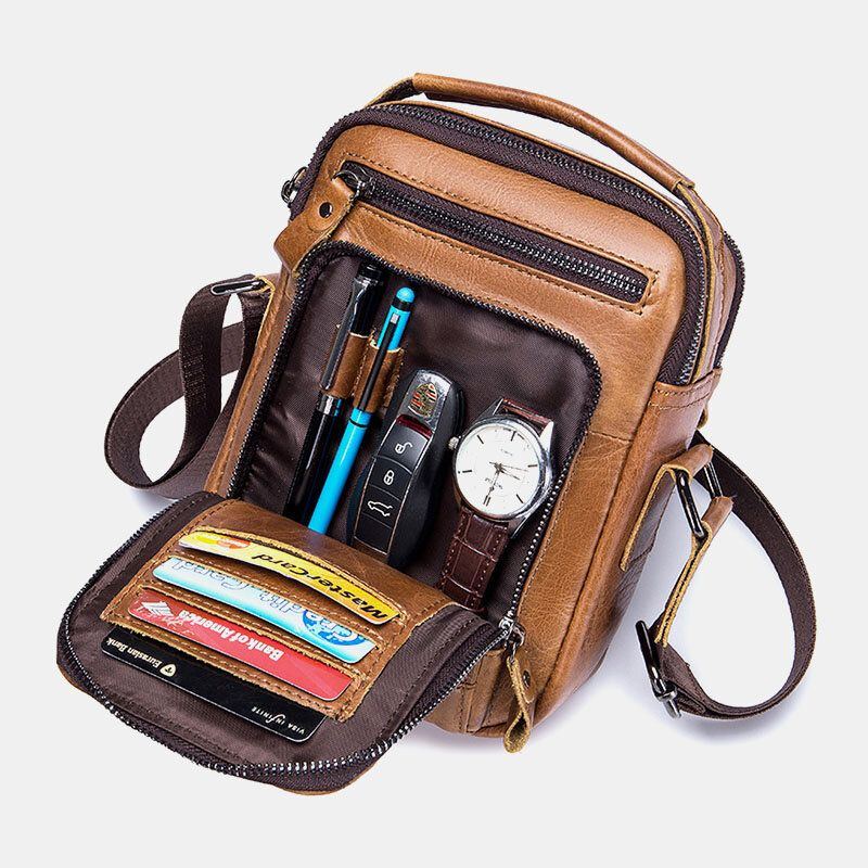 Herren Multi Pocket Echtleder Crossbody Taschen Zurück Anti Diebstahl Taschen Design Verschleißfeste Umhängetasche Mit Großer Kapazität Handtasche