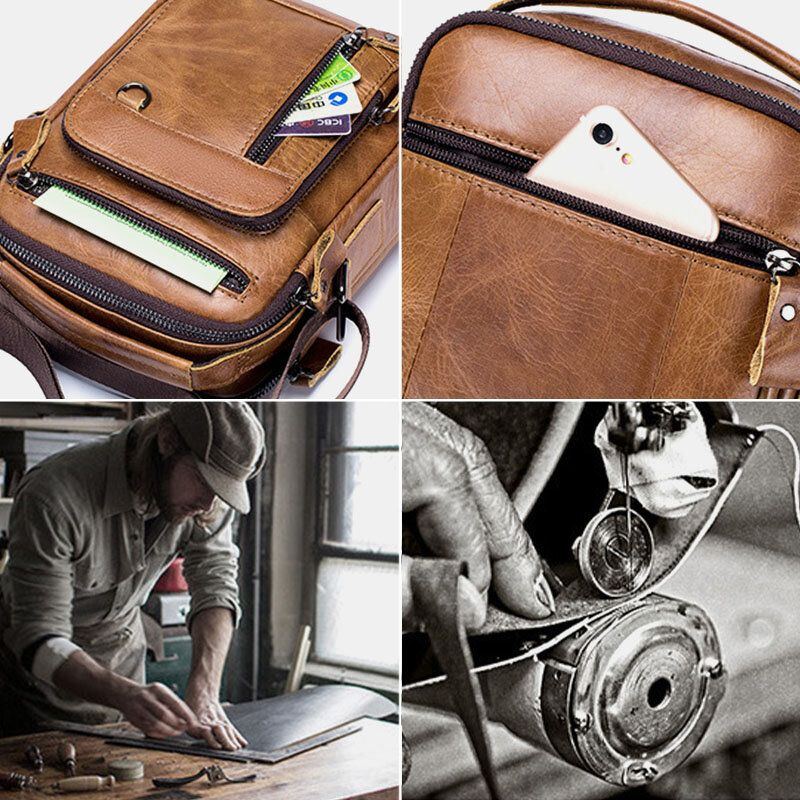 Herren Multi Pocket Echtleder Crossbody Taschen Zurück Anti Diebstahl Taschen Design Verschleißfeste Umhängetasche Mit Großer Kapazität Handtasche