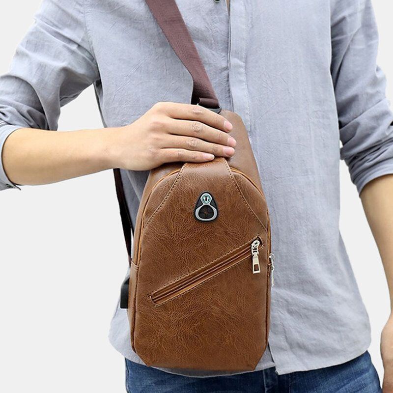 Herren Pu Leder Retro Business Brusttasche Mit Usb Aufladung Jugend Leder Umhängetasche Umhängetasche