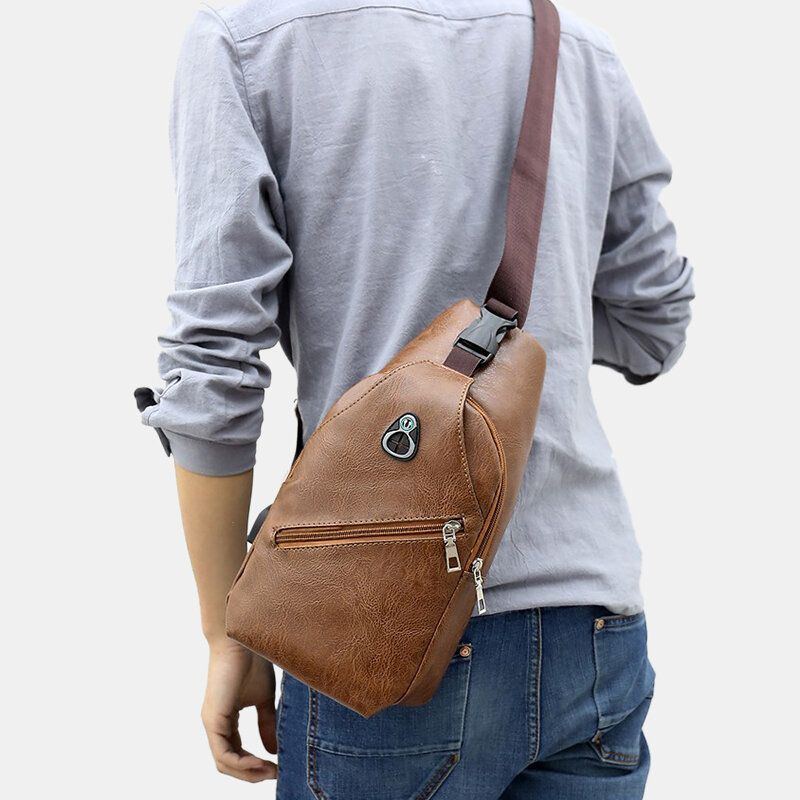 Herren Pu Leder Retro Business Brusttasche Mit Usb Aufladung Jugend Leder Umhängetasche Umhängetasche