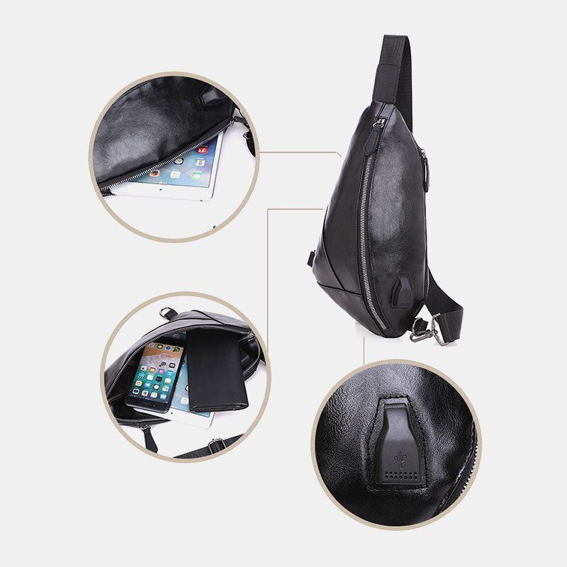 Herren Pu Leder Usb Aufladung Wasserdichte Lässige Umhängetasche Brusttasche Sling Bag