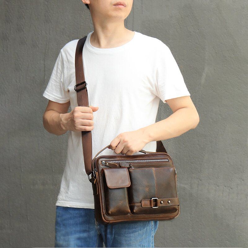 Men Oil Wax Leather Large Capacity Wasserdicht Messenger Bag Aktentasche Multi Pocket Rindsleder Umhängetaschen Umhängetasche