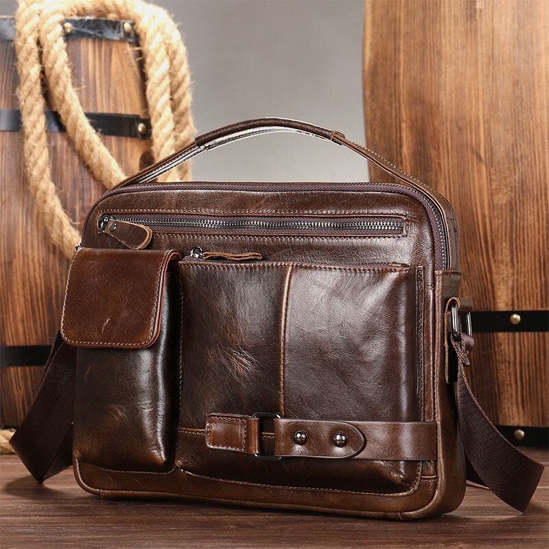 Men Oil Wax Leather Large Capacity Wasserdicht Messenger Bag Aktentasche Multi Pocket Rindsleder Umhängetaschen Umhängetasche