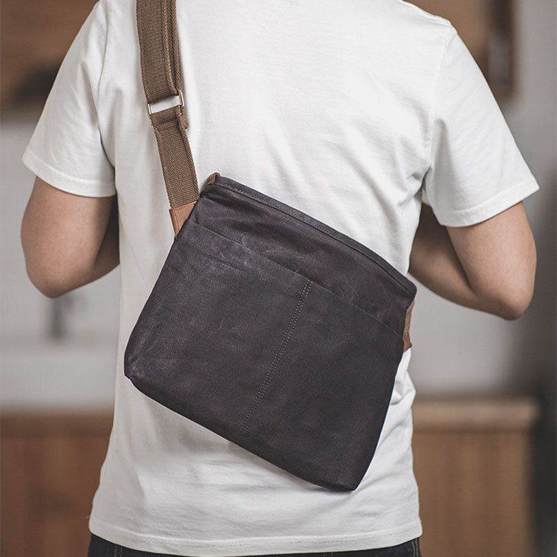 Men Simple Oil Wax Canvas Messenger Bag Wasserdichtes Verstärktes Polyester Gurtband Umhängetasche Umhängetasche