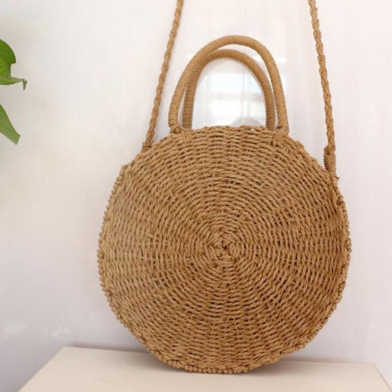 Runde Damen Mädchen Stroh Rattan Tasche Kreis Handtasche Handgewebt Summer Beach Bali