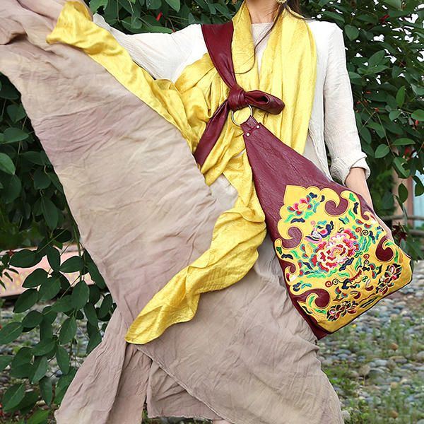 Schultertasche Aus Weichem Leder Im Nationalen Stil Mit Blumenmuster Für Damen