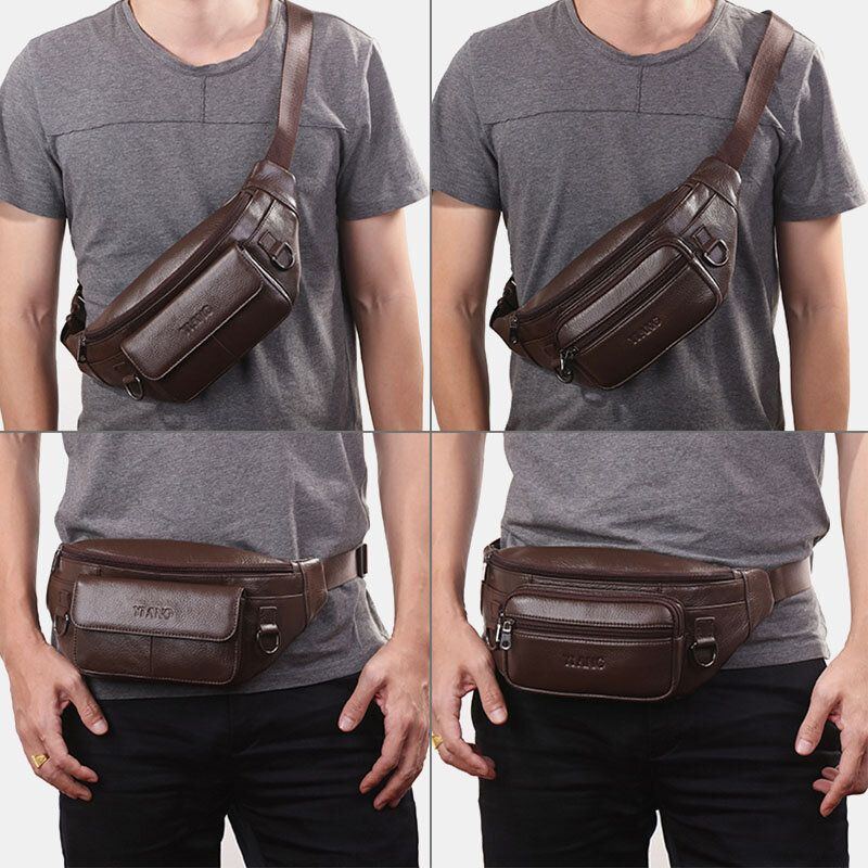 Echtes Leder Für Herren Einfarbig Multi Trage Umhängetasche Brusttasche Gürteltasche Gürteltasche