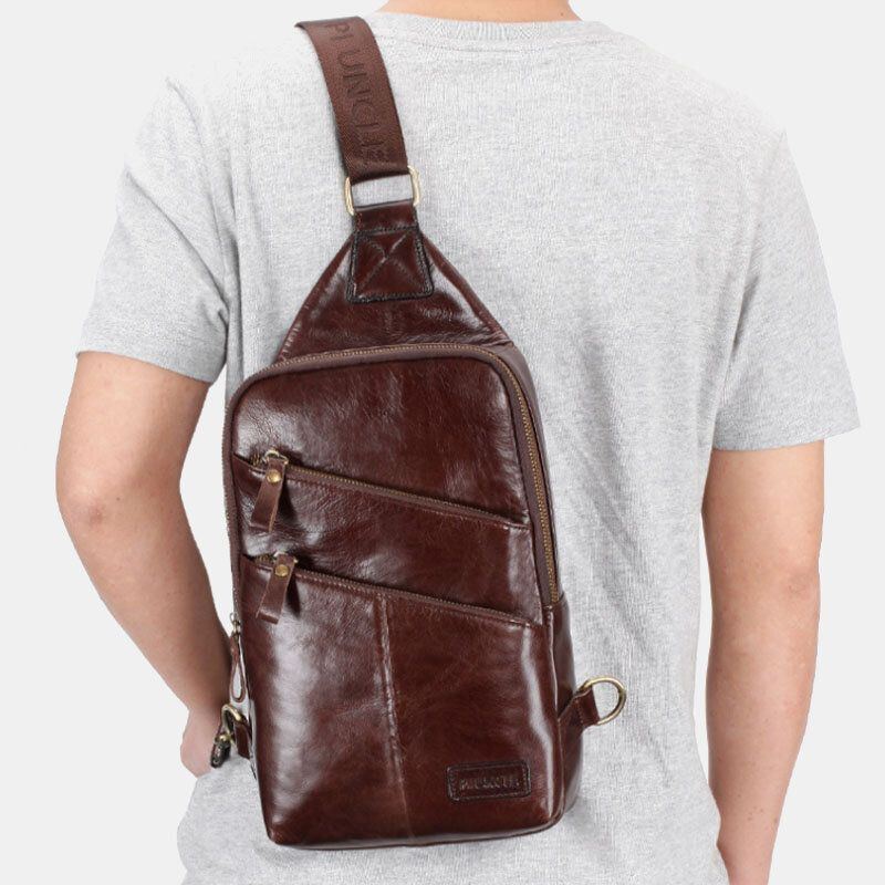 Herren Echtes Leder Casual Solid Business Umhängetasche Umhängetasche Brusttasche