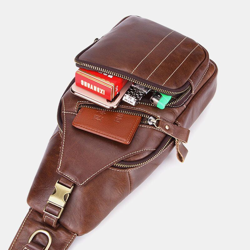 Herren Echtes Leder Retro Business Casual Volltonfarbe Leder Umhängetasche Umhängetasche Brusttasche