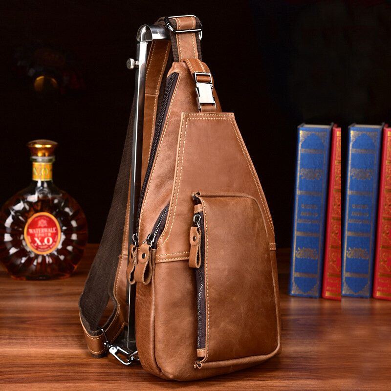 Herren Echtleder Diebstahlschutz Brusttasche Mit Mehreren Taschen Retro Wear Wasserdichte Umhängetasche