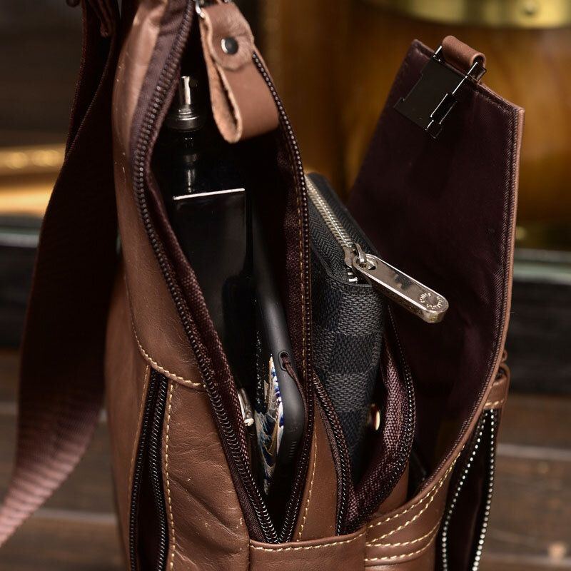 Herren Echtleder Diebstahlschutz Brusttasche Mit Mehreren Taschen Retro Wear Wasserdichte Umhängetasche