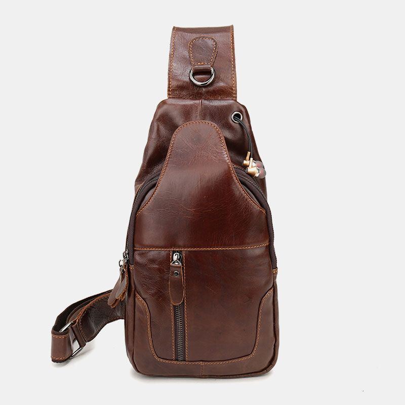 Herren First Layer Rindsleder Retro Multi Pocket Kopfhörer Loch Design Brusttasche Umhängetasche