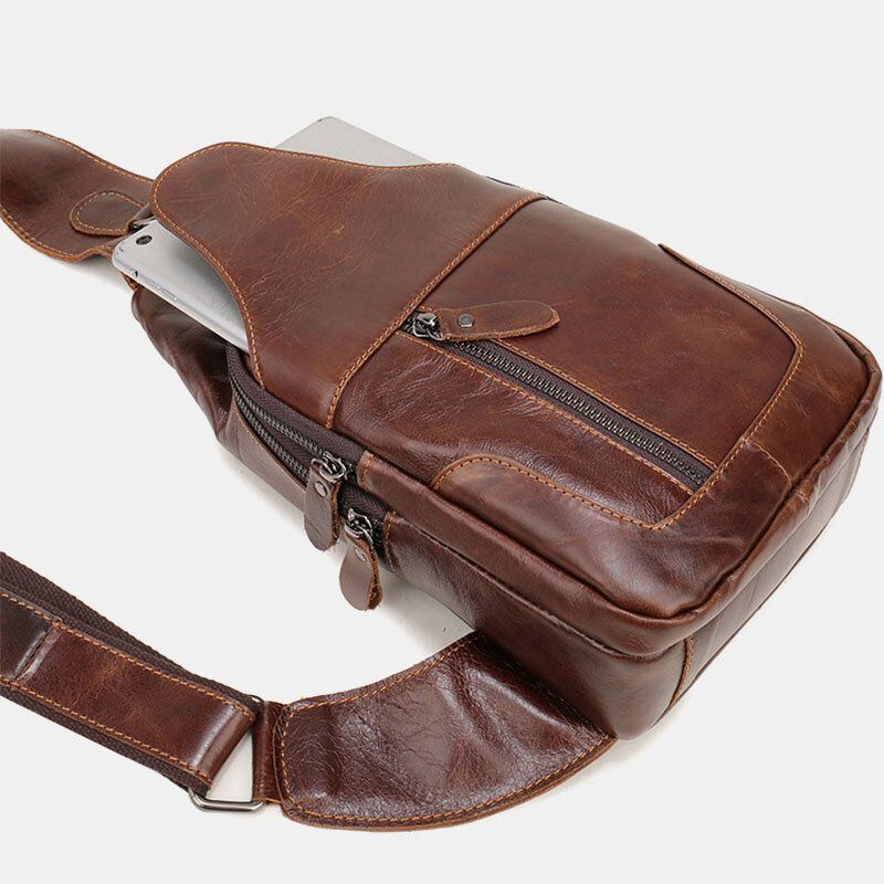 Herren First Layer Rindsleder Retro Multi Pocket Kopfhörer Loch Design Brusttasche Umhängetasche