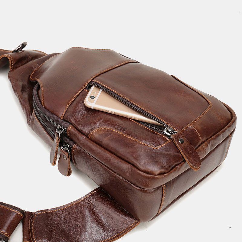 Herren First Layer Rindsleder Retro Multi Pocket Kopfhörer Loch Design Brusttasche Umhängetasche